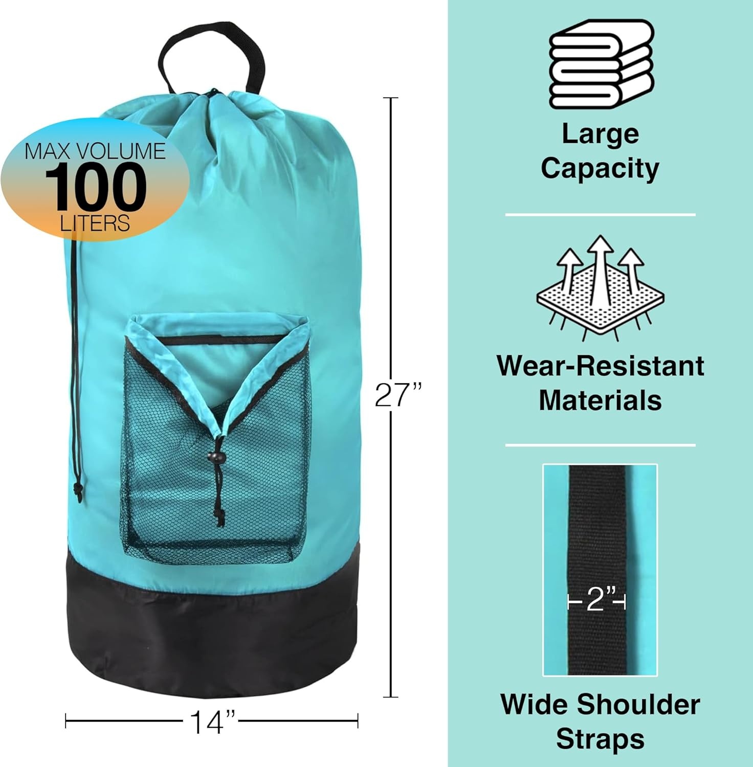 Laundry Bag Backpack with Shoulder Straps and Mesh Pocket Laundry Backpack Large Portable Laundry Hamper for College Laundromat Apartment with Drawstring Closure, Adjustable Back Straps (Black)(Turquoise)