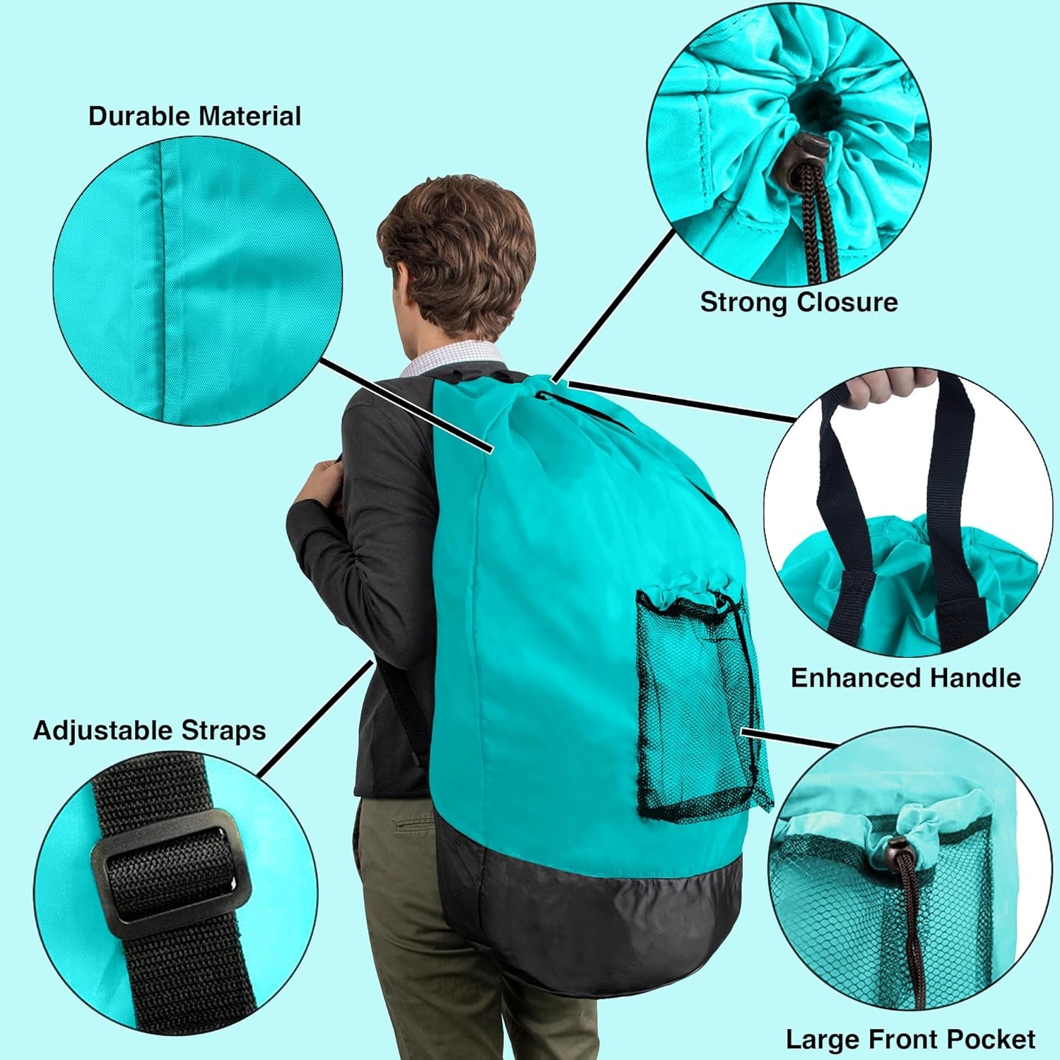 Laundry Bag Backpack with Shoulder Straps and Mesh Pocket Laundry Backpack Large Portable Laundry Hamper for College Laundromat Apartment with Drawstring Closure, Adjustable Back Straps (Black)(Turquoise)