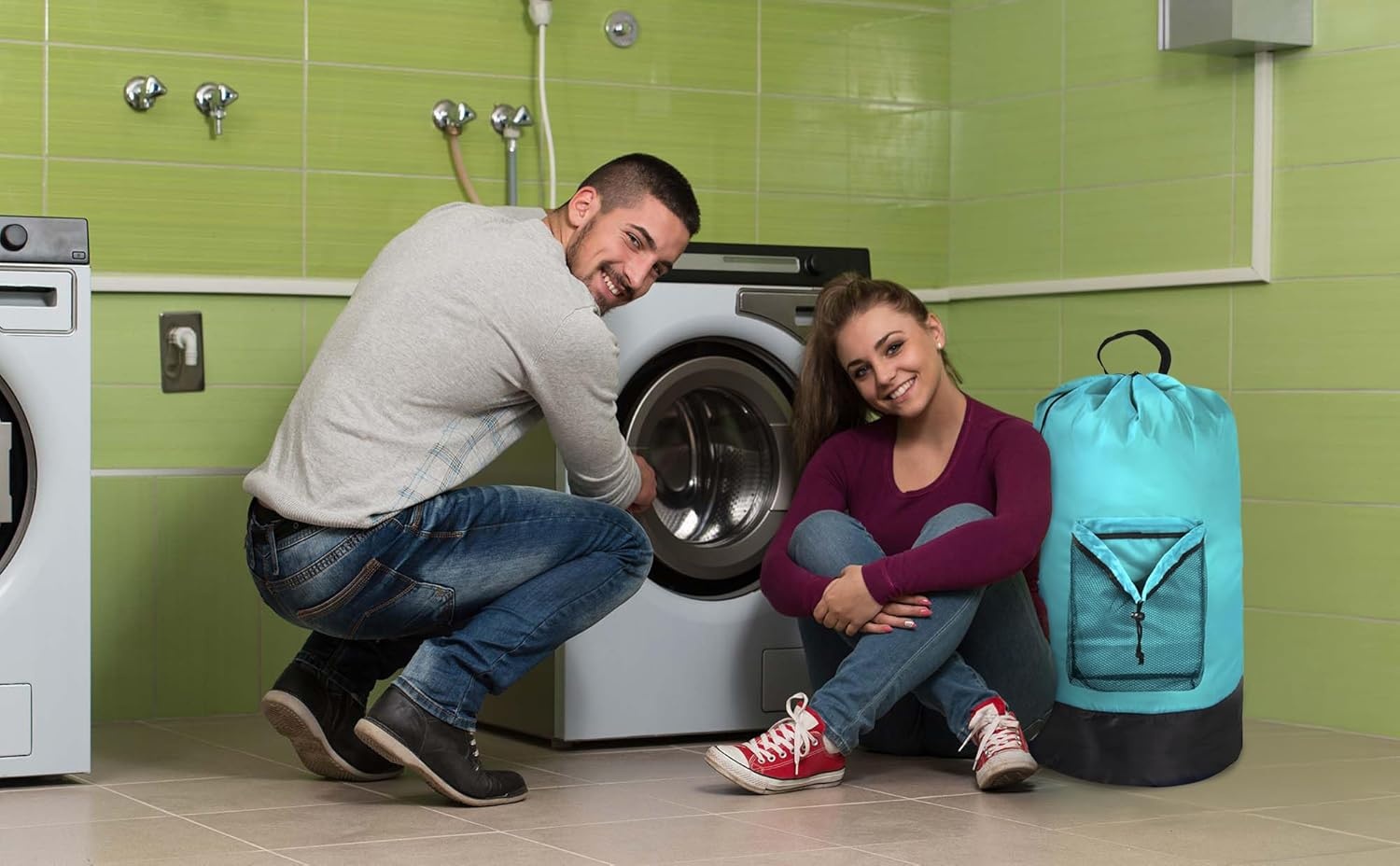 Laundry Bag Backpack with Shoulder Straps and Mesh Pocket Laundry Backpack Large Portable Laundry Hamper for College Laundromat Apartment with Drawstring Closure, Adjustable Back Straps (Black)(Turquoise)