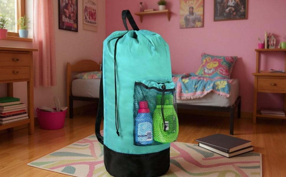 Laundry Bag Backpack with Shoulder Straps and Mesh Pocket Laundry Backpack Large Portable Laundry Hamper for College Laundromat Apartment with Drawstring Closure, Adjustable Back Straps (Black)(Turquoise)