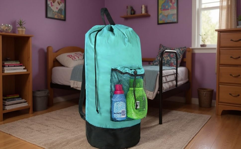 Laundry Bag Backpack with Shoulder Straps and Mesh Pocket Laundry Backpack Large Portable Laundry Hamper for College Laundromat Apartment with Drawstring Closure, Adjustable Back Straps (Black)(Turquoise)