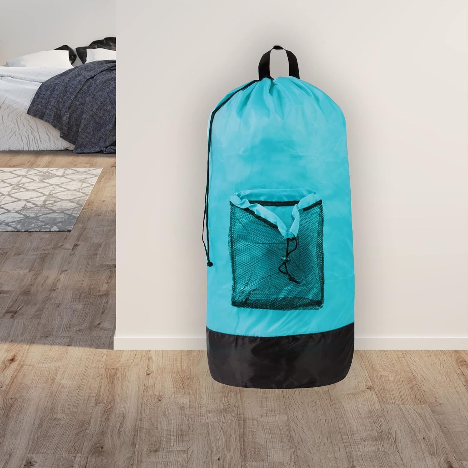 Laundry Bag Backpack with Shoulder Straps and Mesh Pocket Laundry Backpack Large Portable Laundry Hamper for College Laundromat Apartment with Drawstring Closure, Adjustable Back Straps (Black)(Turquoise)