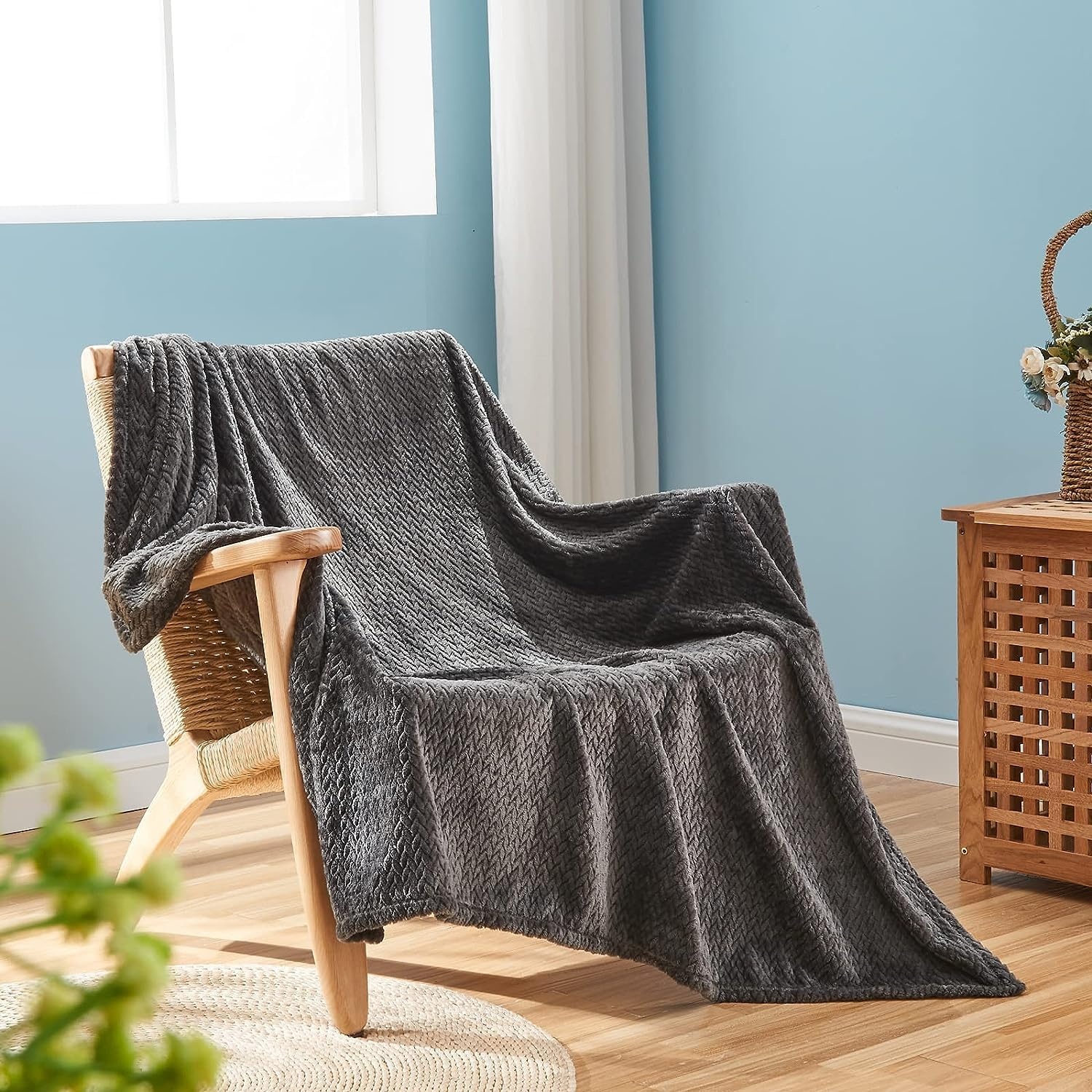 Waffle Knit Textured Throw Blanket Soft for Couch, Sofa, Twin Bed, Kids, Adults, 50 x 60 Chenille Knit Blanket, Boho Throw Blanket for Home Decor 250 GSM (Navy Blue)(Slate Grey)