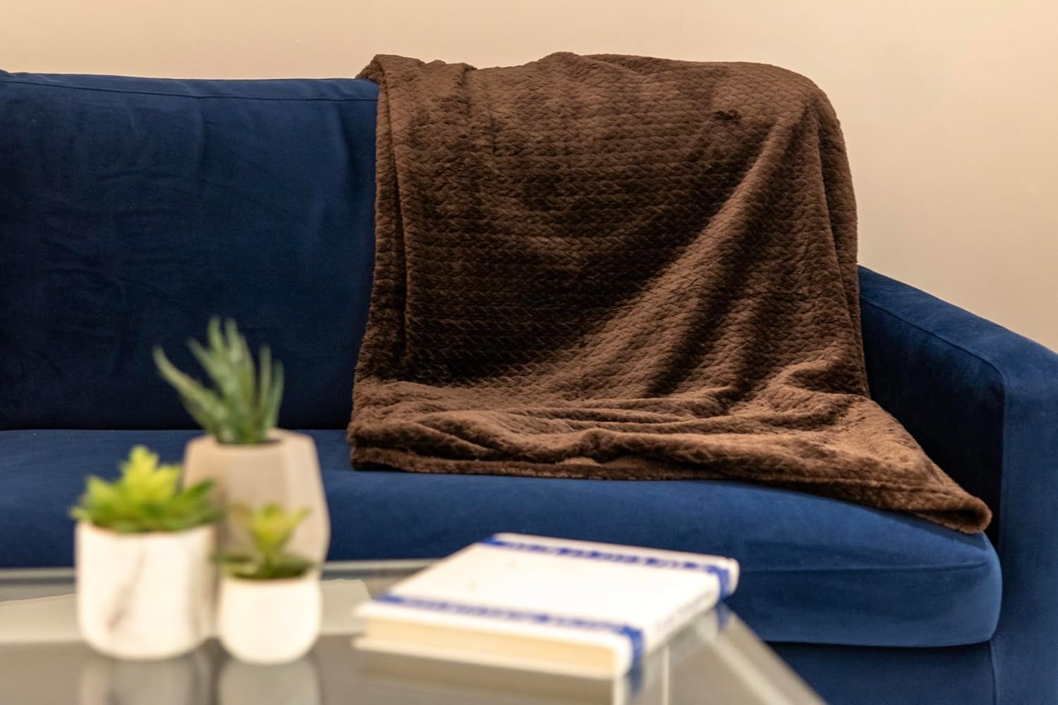 Waffle Knit Textured Throw Blanket Soft for Couch, Sofa, Twin Bed, Kids, Adults, 50 x 60 Chenille Knit Blanket, Boho Throw Blanket for Home Decor 250 GSM (Navy Blue)(Chocolate Brown)