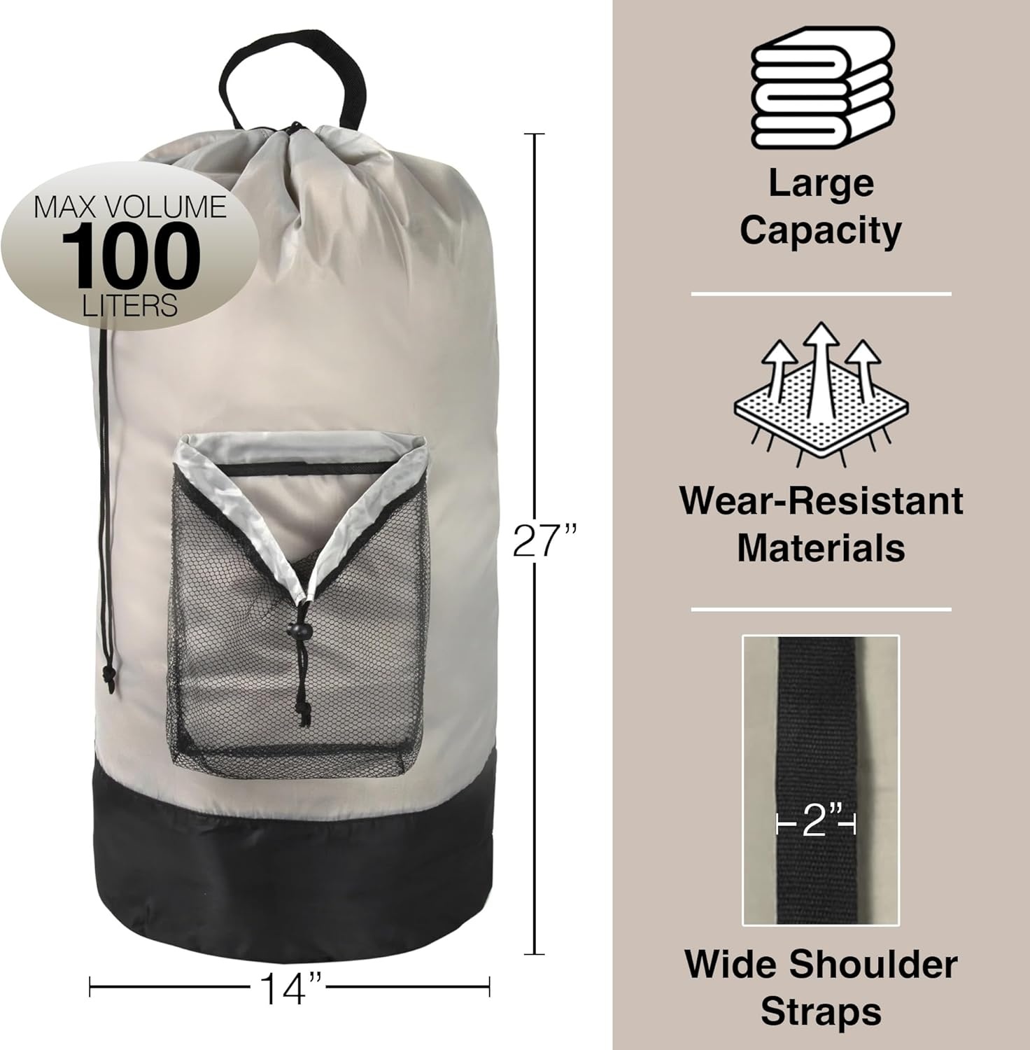 Laundry Bag Backpack with Shoulder Straps and Mesh Pocket Laundry Backpack Large Portable Laundry Hamper for College Laundromat Apartment with Drawstring Closure, Adjustable Back Straps (Black)(Khaki)