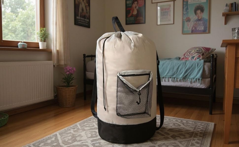 Laundry Bag Backpack with Shoulder Straps and Mesh Pocket Laundry Backpack Large Portable Laundry Hamper for College Laundromat Apartment with Drawstring Closure, Adjustable Back Straps (Black)(Khaki)