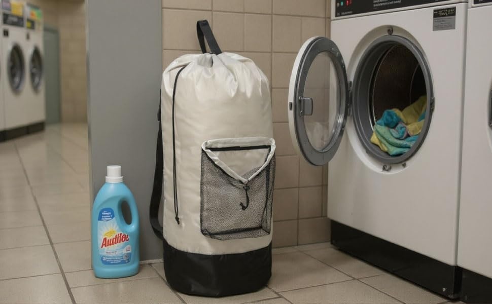 Laundry Bag Backpack with Shoulder Straps and Mesh Pocket Laundry Backpack Large Portable Laundry Hamper for College Laundromat Apartment with Drawstring Closure, Adjustable Back Straps (Black)(Khaki)