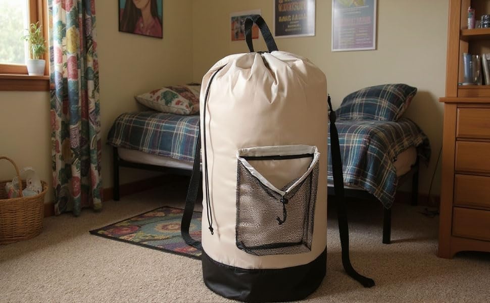 Laundry Bag Backpack with Shoulder Straps and Mesh Pocket Laundry Backpack Large Portable Laundry Hamper for College Laundromat Apartment with Drawstring Closure, Adjustable Back Straps (Black)(Khaki)