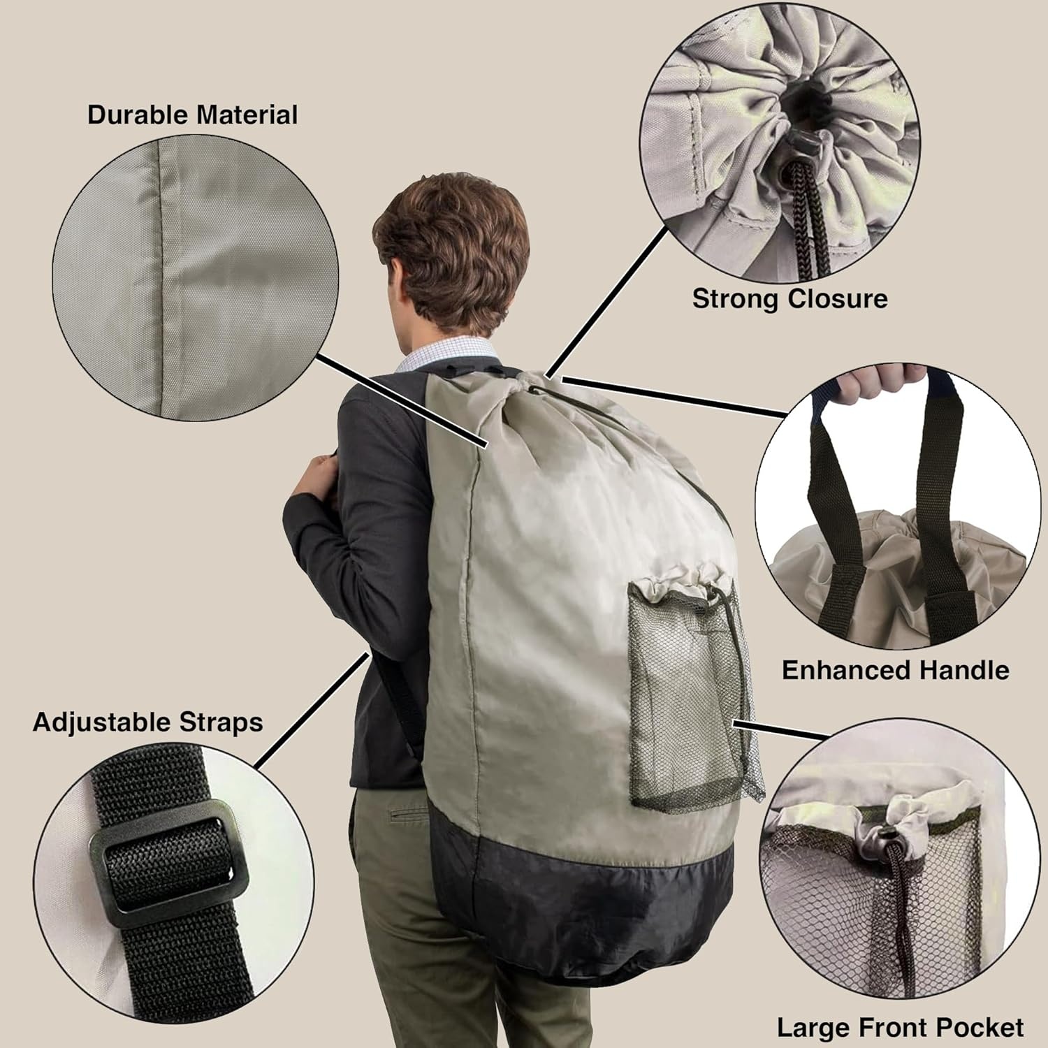 Laundry Bag Backpack with Shoulder Straps and Mesh Pocket Laundry Backpack Large Portable Laundry Hamper for College Laundromat Apartment with Drawstring Closure, Adjustable Back Straps (Black)(Khaki)