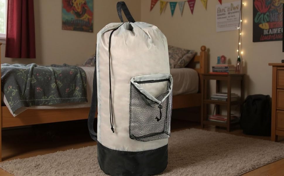 Laundry Bag Backpack with Shoulder Straps and Mesh Pocket Laundry Backpack Large Portable Laundry Hamper for College Laundromat Apartment with Drawstring Closure, Adjustable Back Straps (Black)(Khaki)