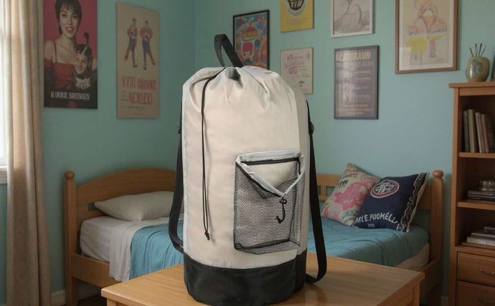 Laundry Bag Backpack with Shoulder Straps and Mesh Pocket Laundry Backpack Large Portable Laundry Hamper for College Laundromat Apartment with Drawstring Closure, Adjustable Back Straps (Black)(Khaki)