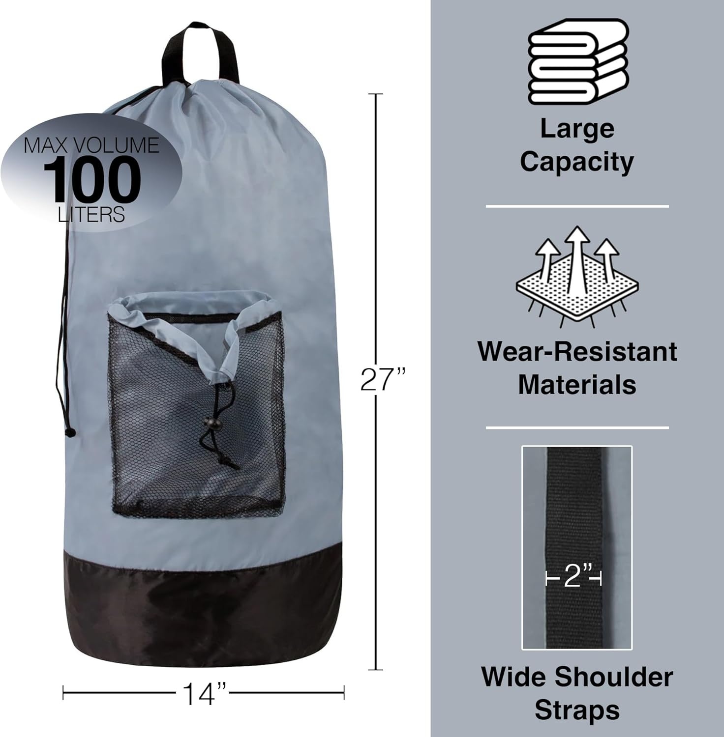 Laundry Bag Backpack with Shoulder Straps and Mesh Pocket Laundry Backpack Large Portable Laundry Hamper for College Laundromat Apartment with Drawstring Closure, Adjustable Back Straps (Black)(Smoky)
