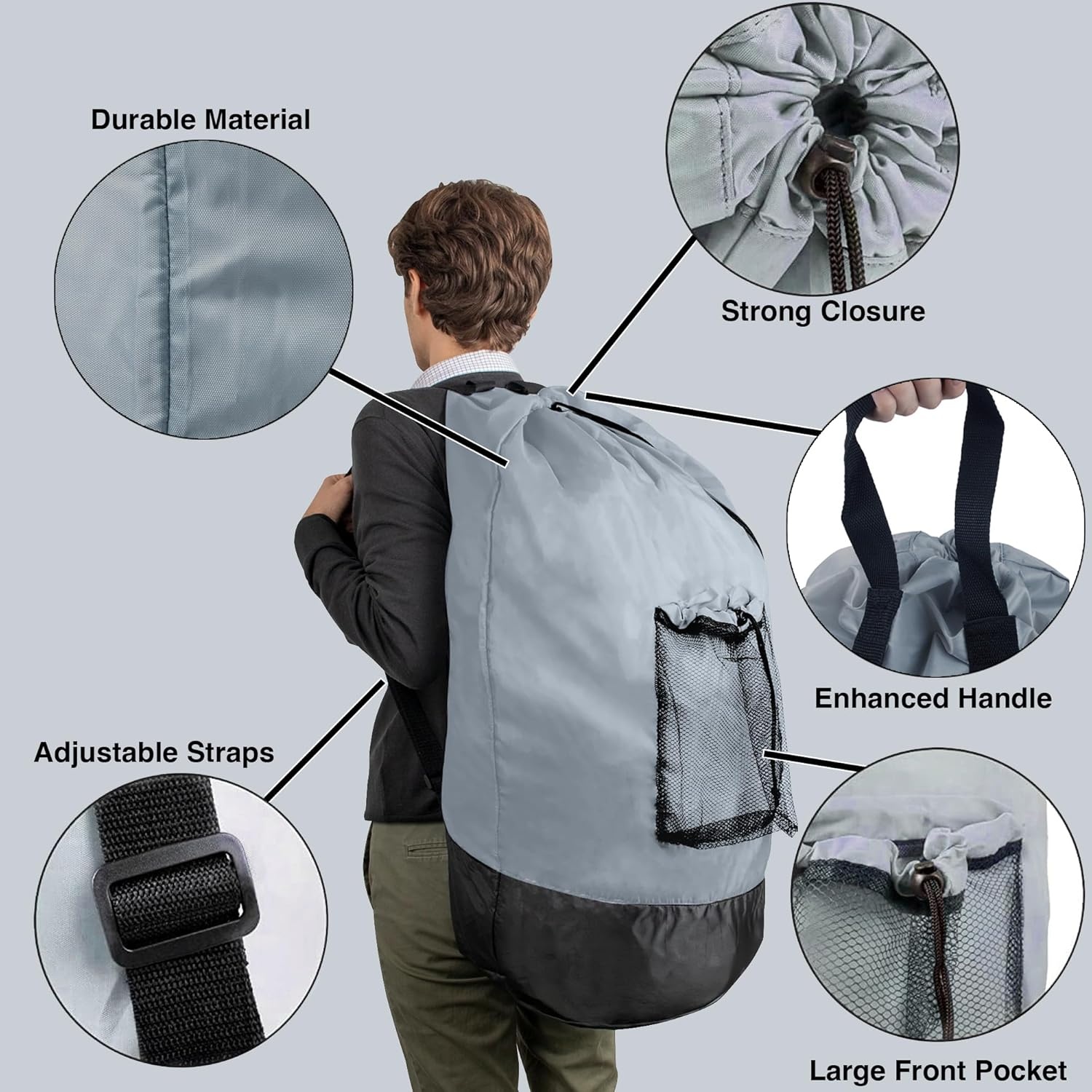 Laundry Bag Backpack with Shoulder Straps and Mesh Pocket Laundry Backpack Large Portable Laundry Hamper for College Laundromat Apartment with Drawstring Closure, Adjustable Back Straps (Black)(Smoky)