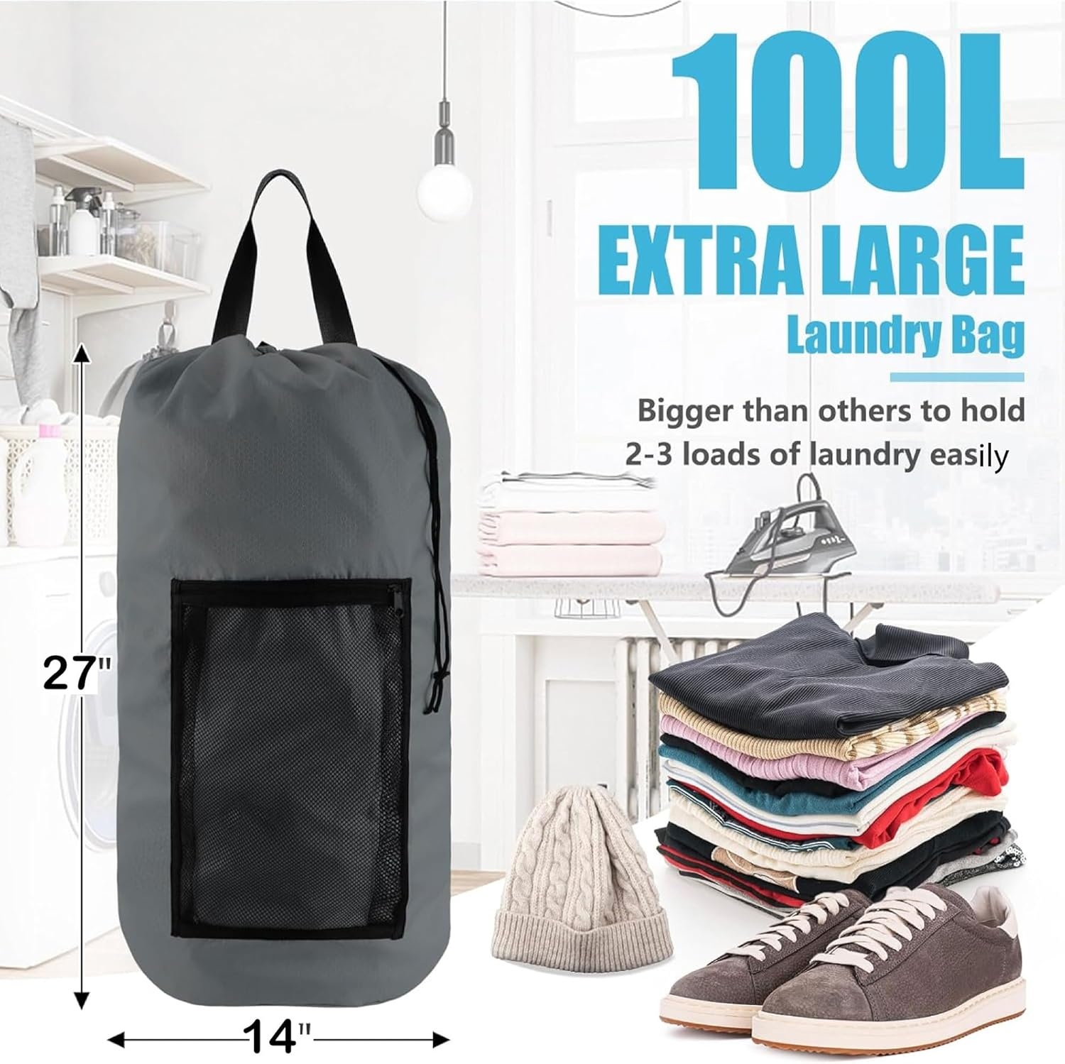 Laundry Bag Backpack with Shoulder Straps and Mesh Pocket Laundry Backpack Large Portable Laundry Hamper for College Laundromat Apartment with Drawstring Closure, Adjustable Back Straps (Black)(Smoky)