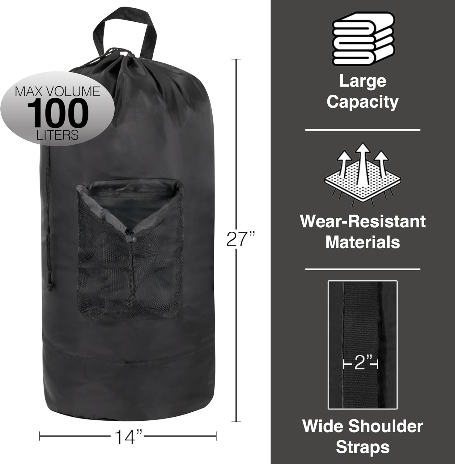 Laundry Bag Backpack with Shoulder Straps and Mesh Pocket Laundry Backpack Large Portable Laundry Hamper for College Laundromat Apartment with Drawstring Closure, Adjustable Back Straps (Black)(Charcoal Black)