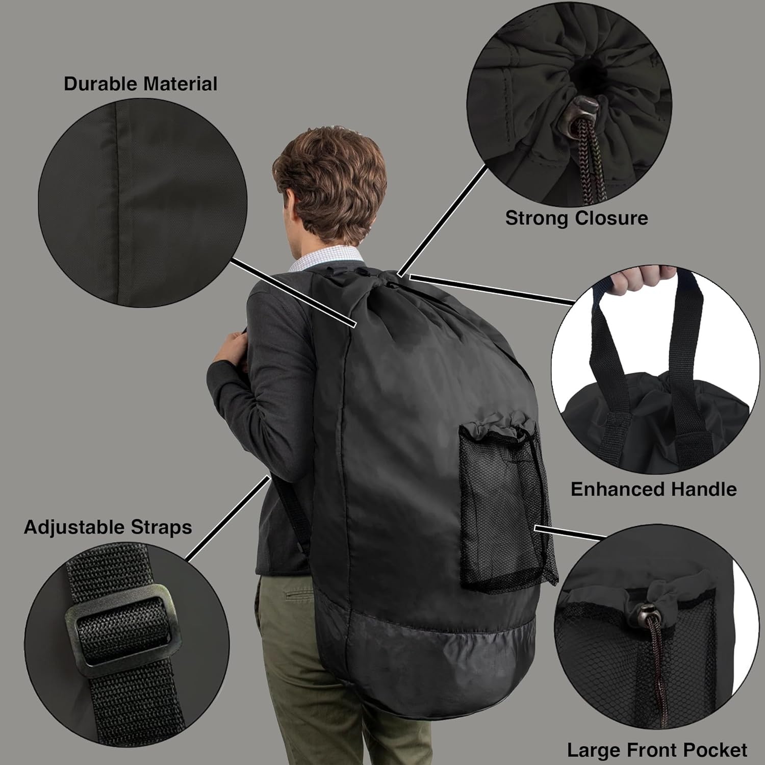 Laundry Bag Backpack with Shoulder Straps and Mesh Pocket Laundry Backpack Large Portable Laundry Hamper for College Laundromat Apartment with Drawstring Closure, Adjustable Back Straps (Black)(Charcoal Black)