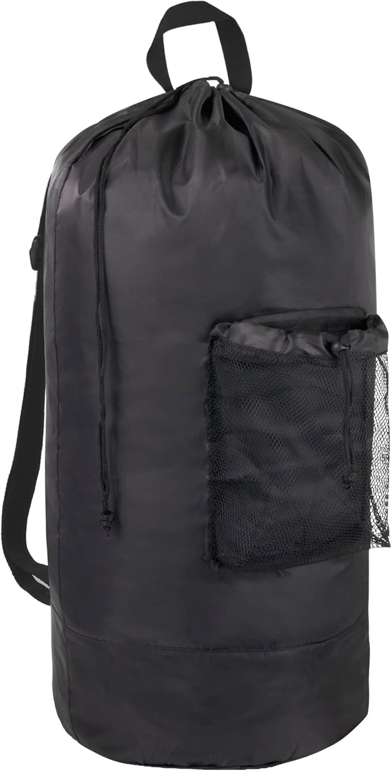 Laundry Bag Backpack with Shoulder Straps and Mesh Pocket Laundry Backpack Large Portable Laundry Hamper for College Laundromat Apartment with Drawstring Closure, Adjustable Back Straps (Black)(Charcoal Black)