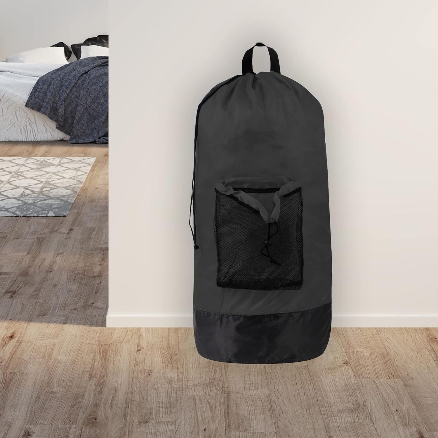 Laundry Bag Backpack with Shoulder Straps and Mesh Pocket Laundry Backpack Large Portable Laundry Hamper for College Laundromat Apartment with Drawstring Closure, Adjustable Back Straps (Black)(Charcoal Black)