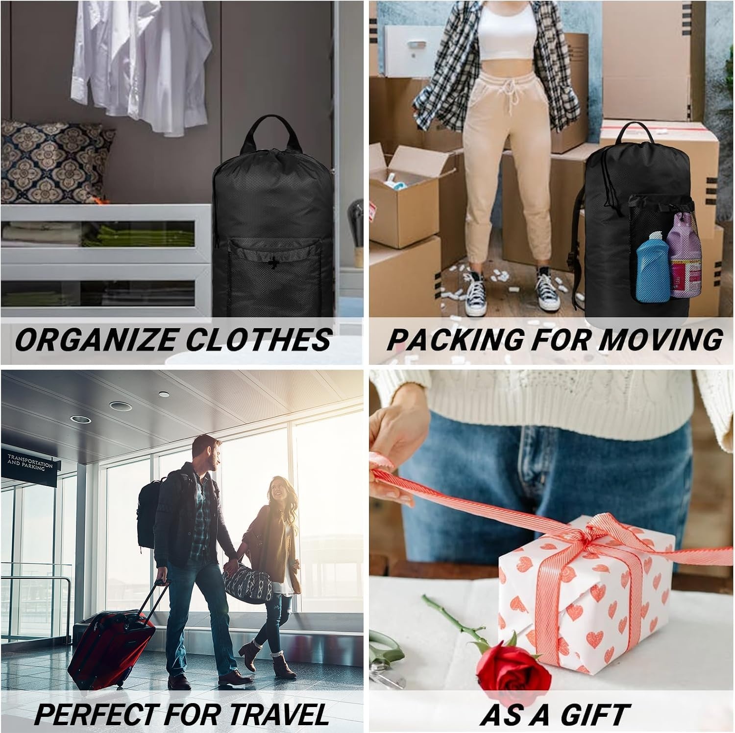 Laundry Bag Backpack with Shoulder Straps and Mesh Pocket Laundry Backpack Large Portable Laundry Hamper for College Laundromat Apartment with Drawstring Closure, Adjustable Back Straps (Black)(Charcoal Black)