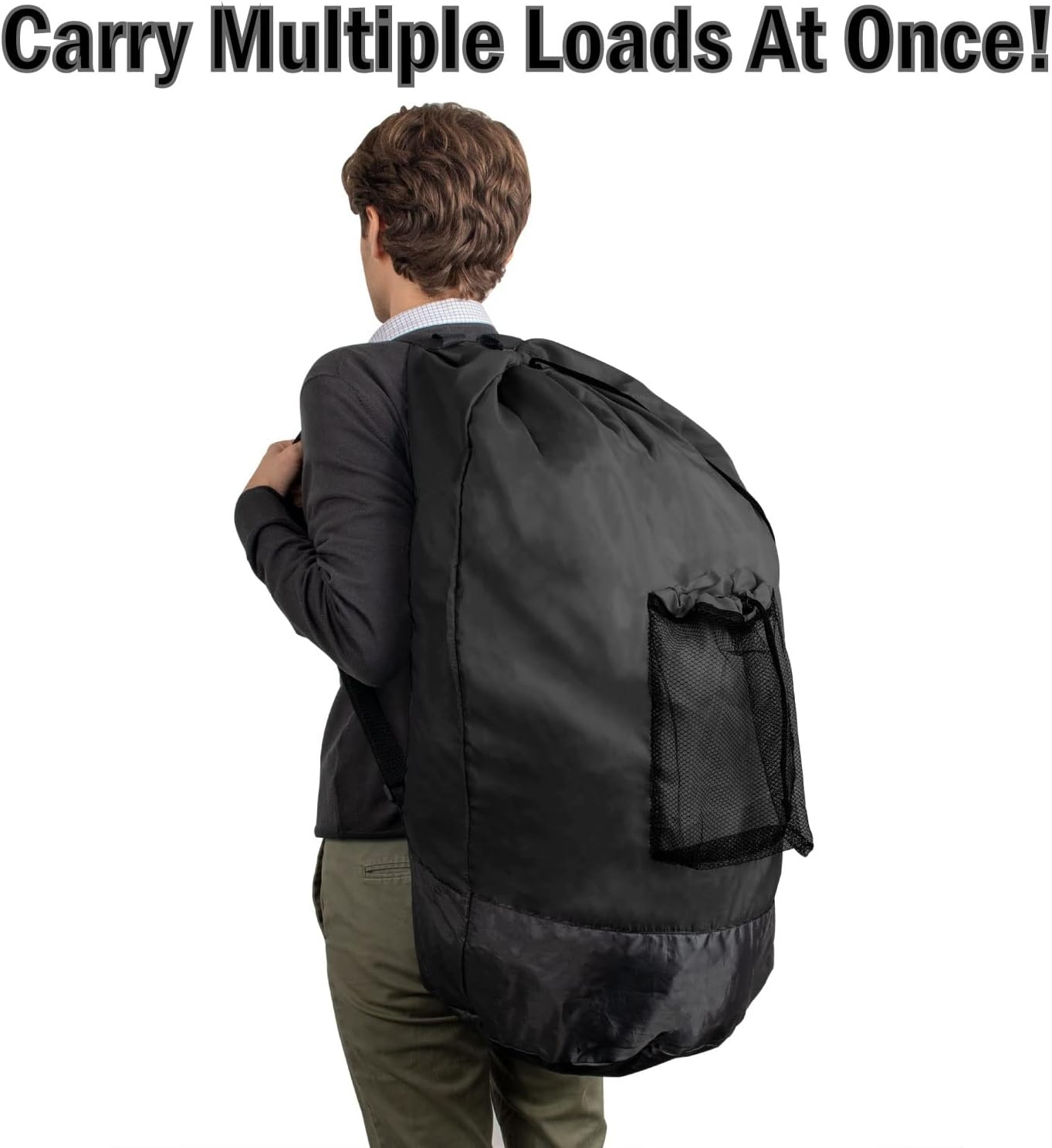 Laundry Bag Backpack with Shoulder Straps and Mesh Pocket Laundry Backpack Large Portable Laundry Hamper for College Laundromat Apartment with Drawstring Closure, Adjustable Back Straps (Black)(Charcoal Black)