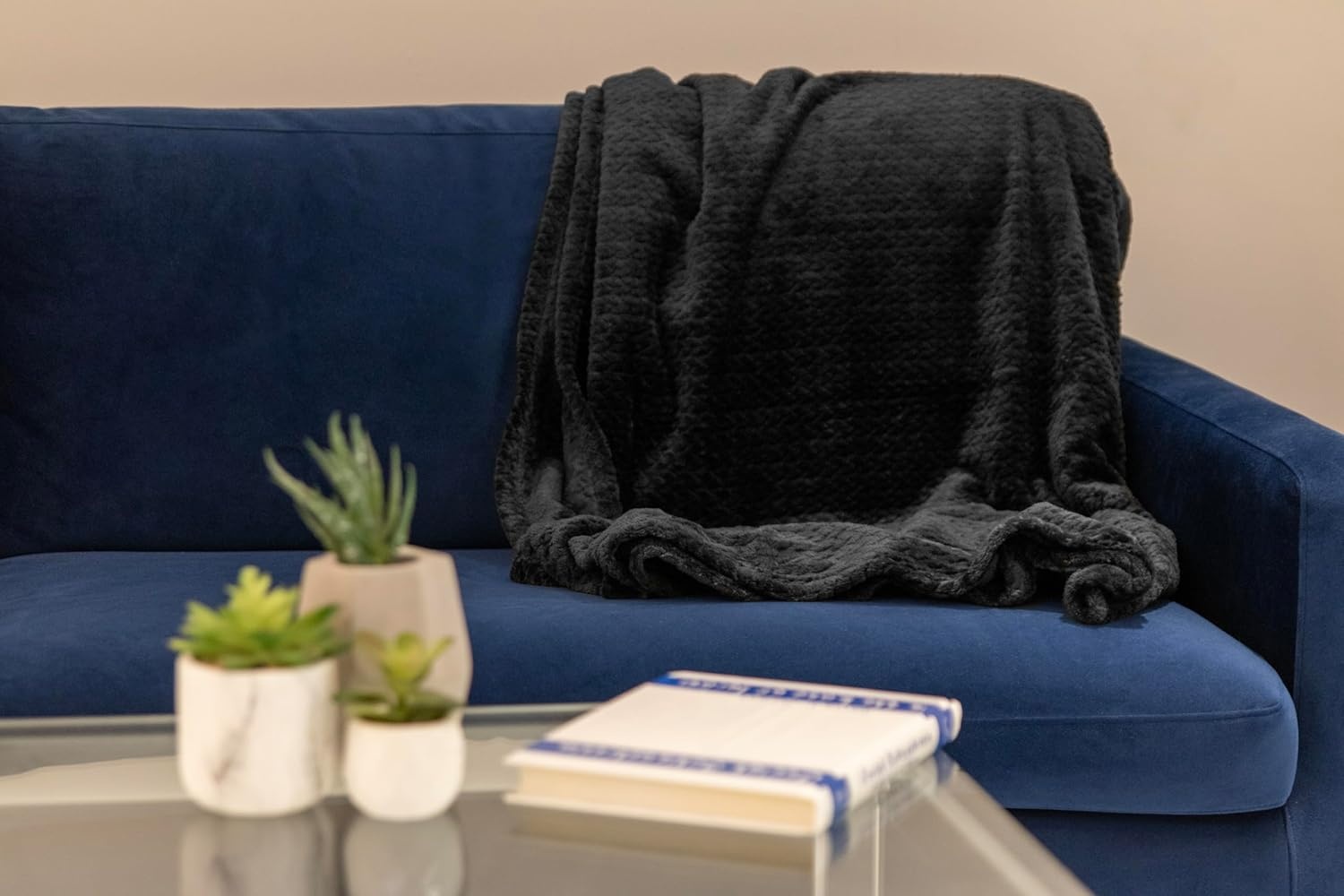 Waffle Knit Textured Throw Blanket Soft for Couch, Sofa, Twin Bed, Kids, Adults, 50 x 60 Chenille Knit Blanket, Boho Throw Blanket for Home Decor 250 GSM (Navy Blue)(Midnight Black)