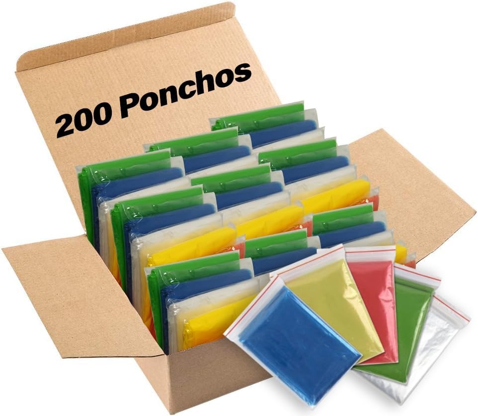 Trail maker Bulk Rain Ponchos for Adults 200 Pack 100% Waterproof Emergency Disposable Wholesale Rain Coat Ponchos with Hood(Assorted Colors)
