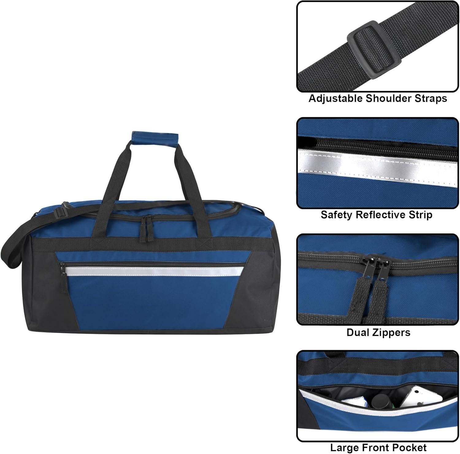 24 Pack Reflective Duffle Bags Bulk for Homeless Adults, Gym, Foster Kids Bulk Duffel Bags Wholesale (Black Pack)(Navy Blue Pack)