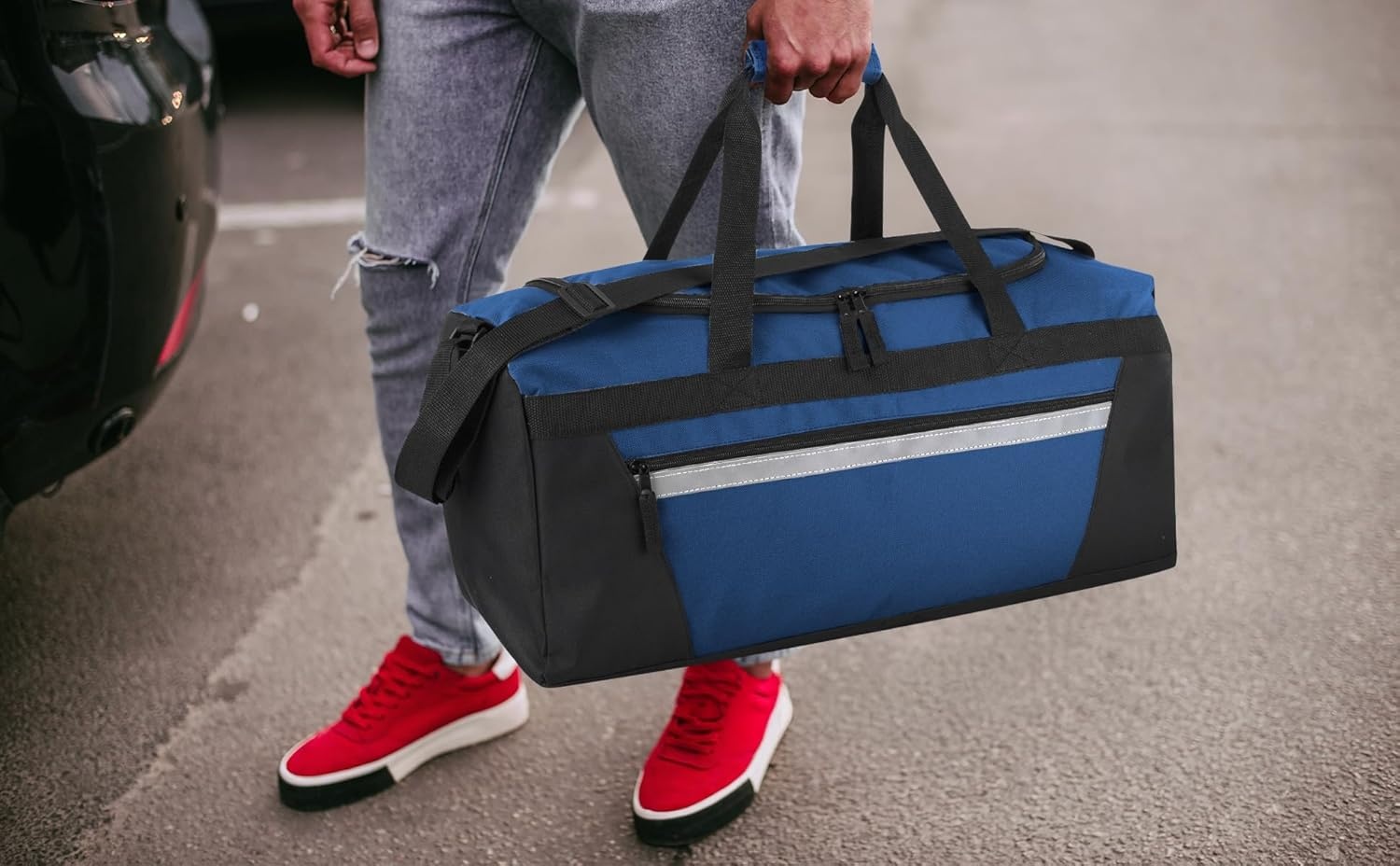 24 Pack Reflective Duffle Bags Bulk for Homeless Adults, Gym, Foster Kids Bulk Duffel Bags Wholesale (Black Pack)(Navy Blue Pack)