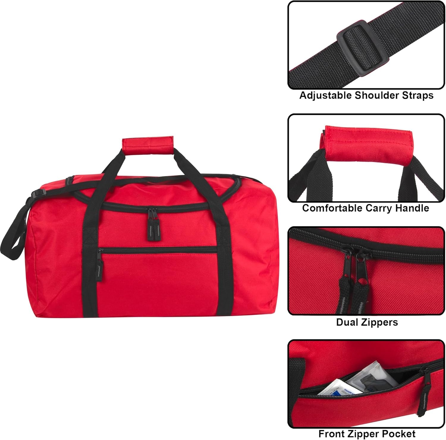(24 Pack) Bulk Duffle Bags Wholesale for Homeless Adult Men, Women, Travel, and Sports Teams (All Black Pack)(All Red Pack)