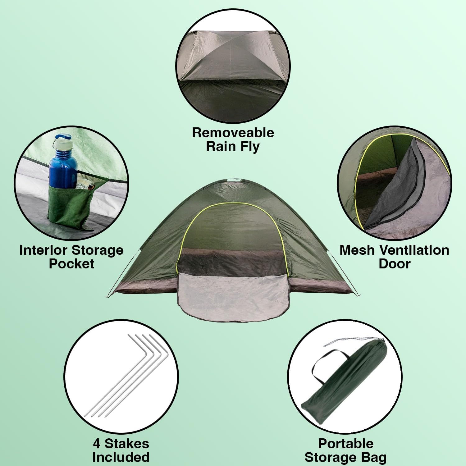 (5 Pack of) 5 to 6 Person Tent All Season Pop Up Waterproof for Camping Groups, Immigrants, Disaster Relief, Homeless People Bulk Cold Weather Tents(Green Tents)