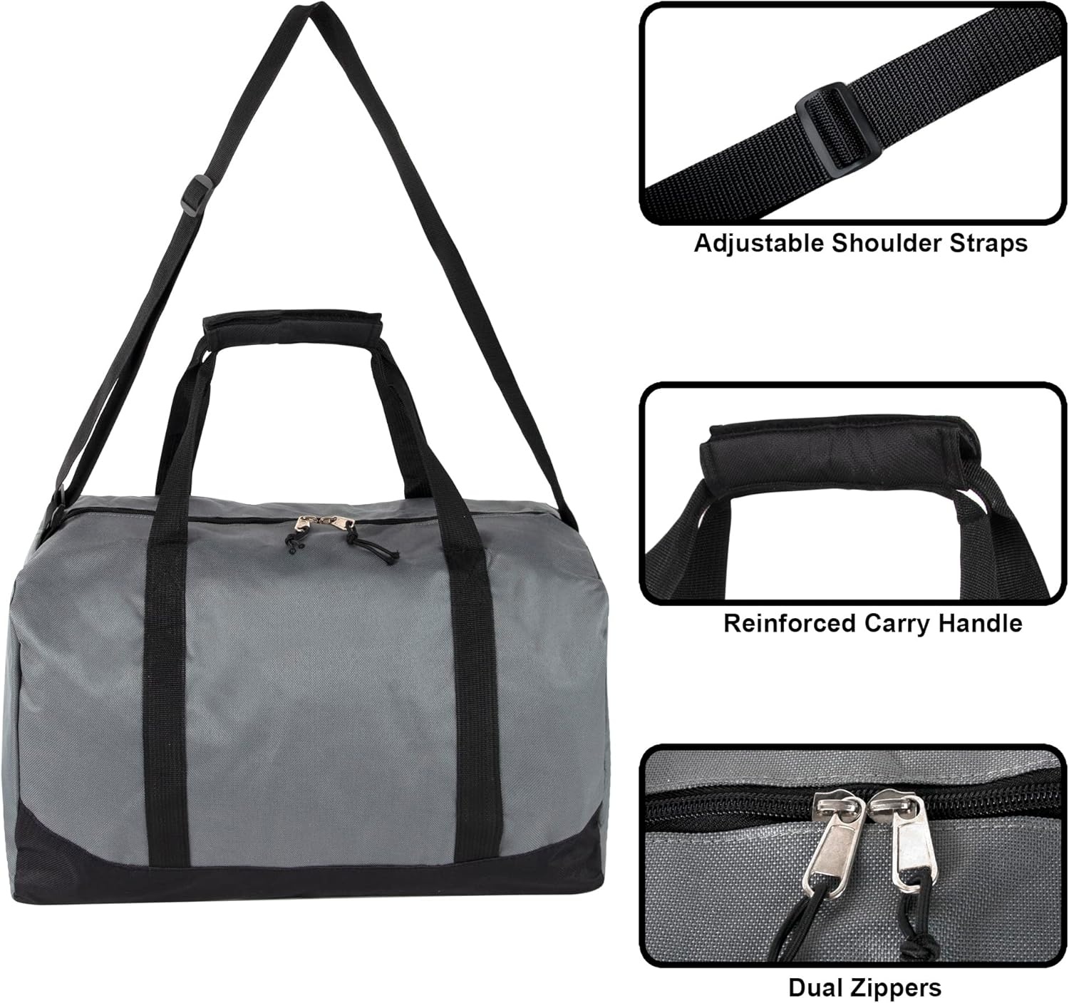 24 Pack Bulk Duffle Bags Wholesale by the Case for Homeless, Sports Teams, and Duffle Bags for Foster Kids (Assorted Colors Pack)(All Grey Pack)