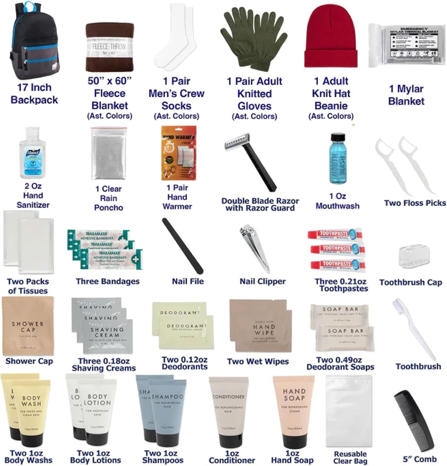 45 Piece Camping Backpack Outdoor Hygiene Kit Essentials, Individually Wrapped Personal Hygiene Kits for Homeless Men, Women