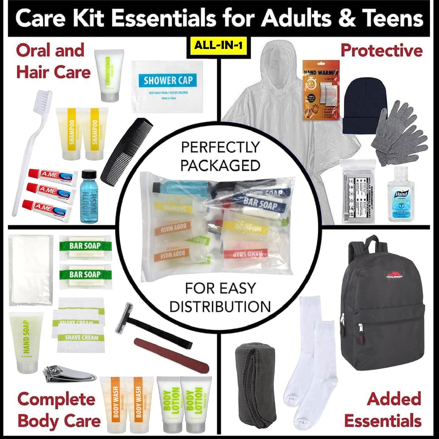 45 Piece Camping Backpack Outdoor Hygiene Kit Essentials, Individually Wrapped Personal Hygiene Kits for Homeless Men, Women