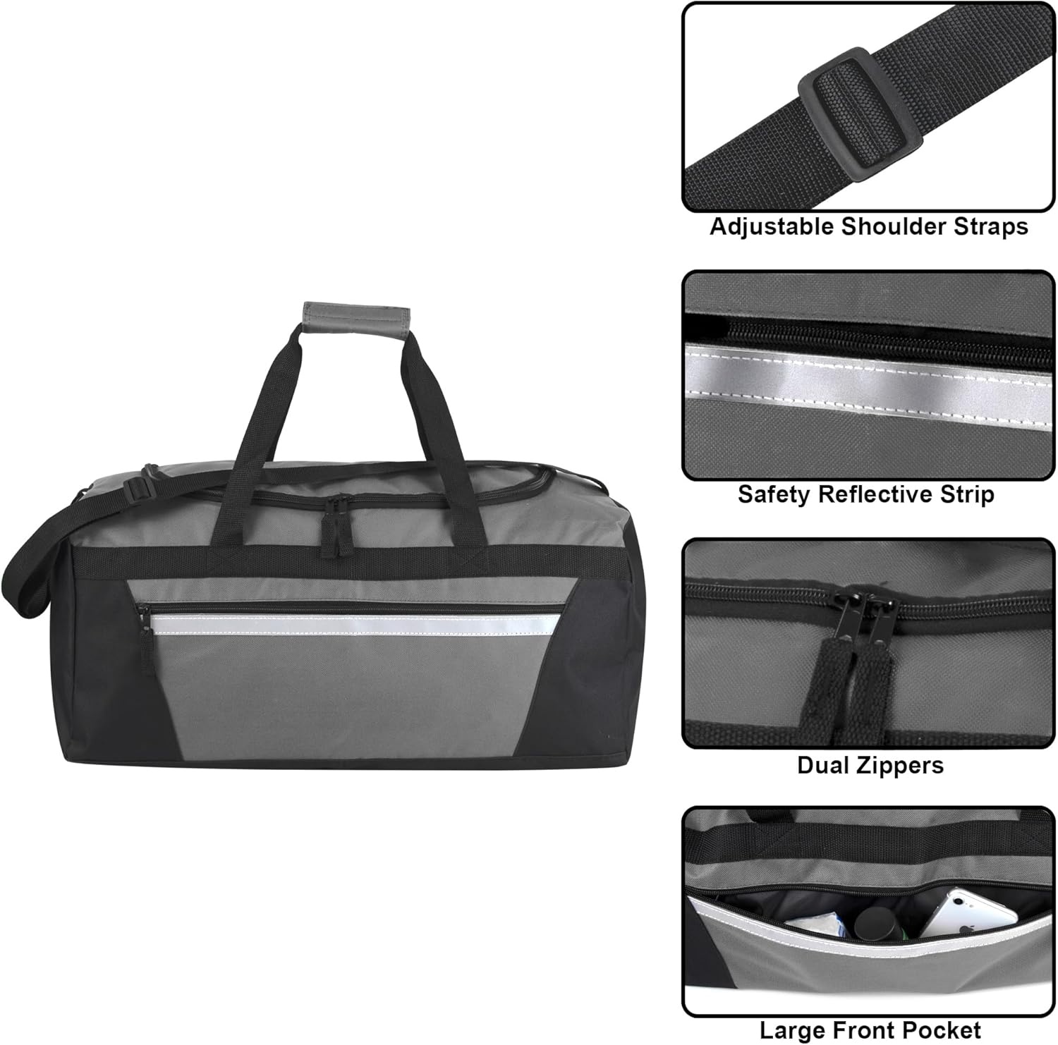 24 Pack Reflective Duffle Bags Bulk for Homeless Adults, Gym, Foster Kids Bulk Duffel Bags Wholesale (Black Pack)(Grey Pack)