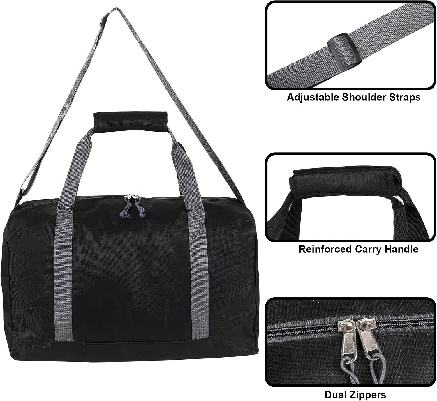 24 Pack Bulk Duffle Bags Wholesale by the Case for Homeless, Sports Teams, and Duffle Bags for Foster Kids (Assorted Colors Pack)(All Black Pack)