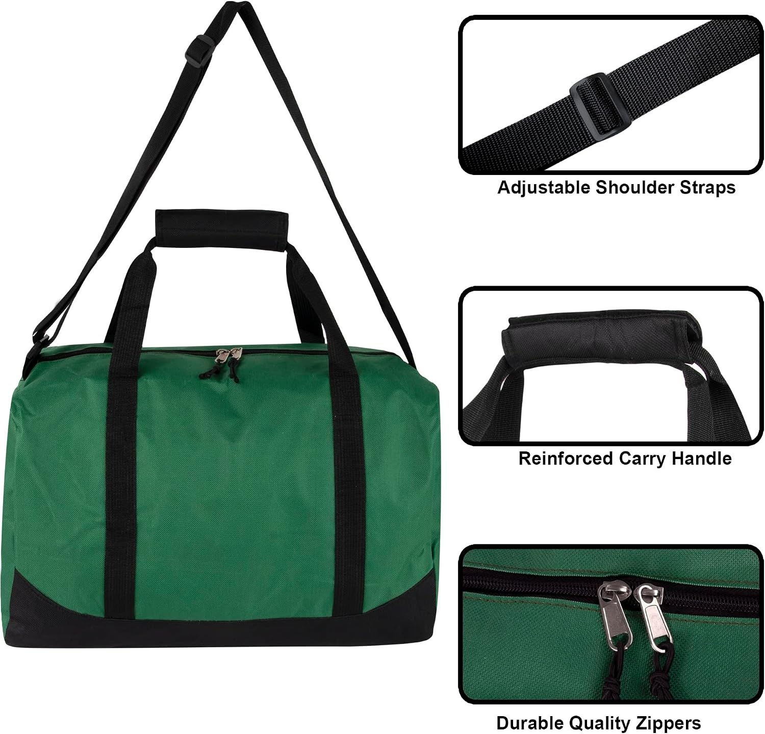 24 Pack Bulk Duffle Bags Wholesale by the Case for Homeless, Sports Teams, and Duffle Bags for Foster Kids (Assorted Colors Pack)(All Green Pack)