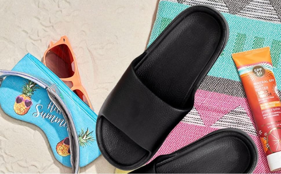 Trail Maker Slide Sandals for Women, Wedding Flip Flops in Bulk, Washable House Shoes(All Black Pack)