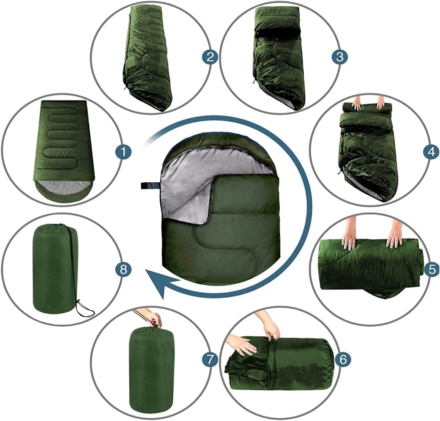 10 Pack Sleeping Bags for Adults Cold Weather Bulk for Homeless People, 4 Seasons Warm or Cold Lightweight Indoor Outdoor Backpacking, Camping(Solid Green Hooded)