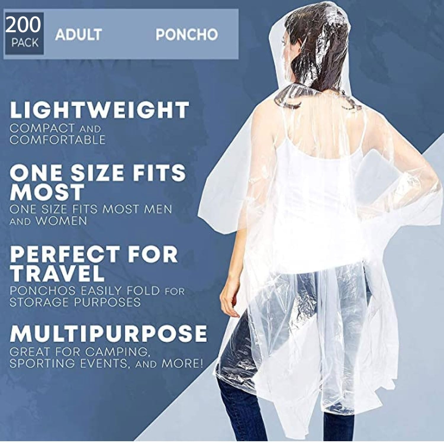 Trail maker Bulk Rain Ponchos for Adults 200 Pack 100% Waterproof Emergency Disposable Wholesale Rain Coat Ponchos with Hood(Clear Pack)