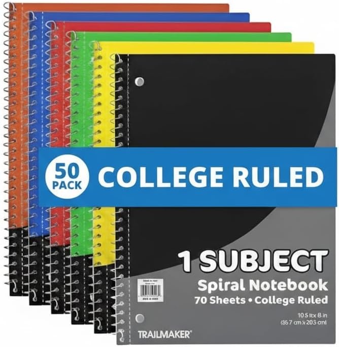 Trail maker Bulk Notebooks (50 Pack), One Subject Notebooks College Ruled, 140 Pages (70 Sheets),Spiral Bulk Notebooks for Kids, School Supplies, Journaling, Note Taking, Students, and Work(2 000 pack)