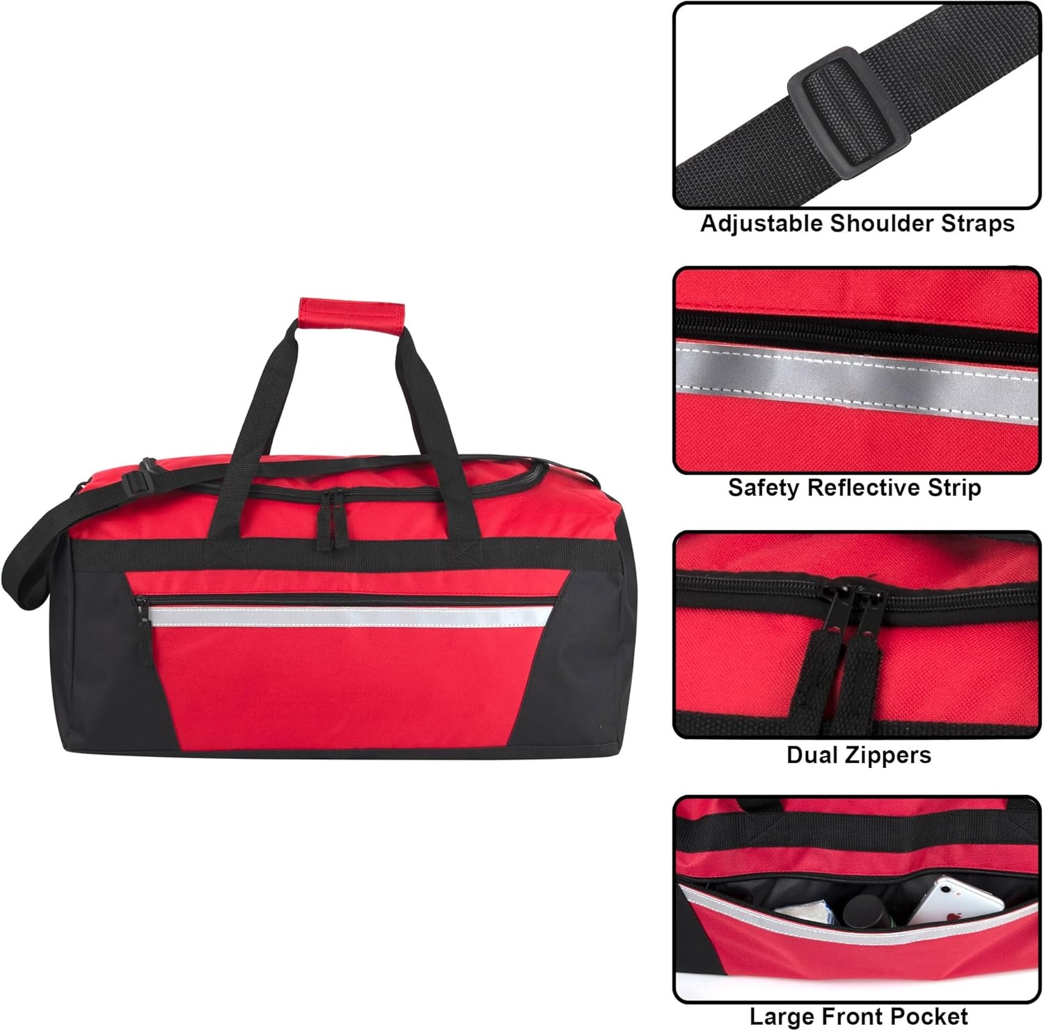 24 Pack Reflective Duffle Bags Bulk for Homeless Adults, Gym, Foster Kids Bulk Duffel Bags Wholesale (Black Pack)(Red Pack)