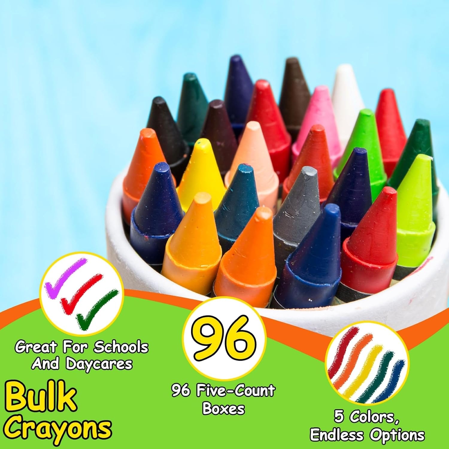 Trail maker Wholesale Bright Wax Coloring Crayons in Bulk 24 Pack, 5 Per Box in Assorted Bundle Art Sets (24 Pack)(96 Pack)