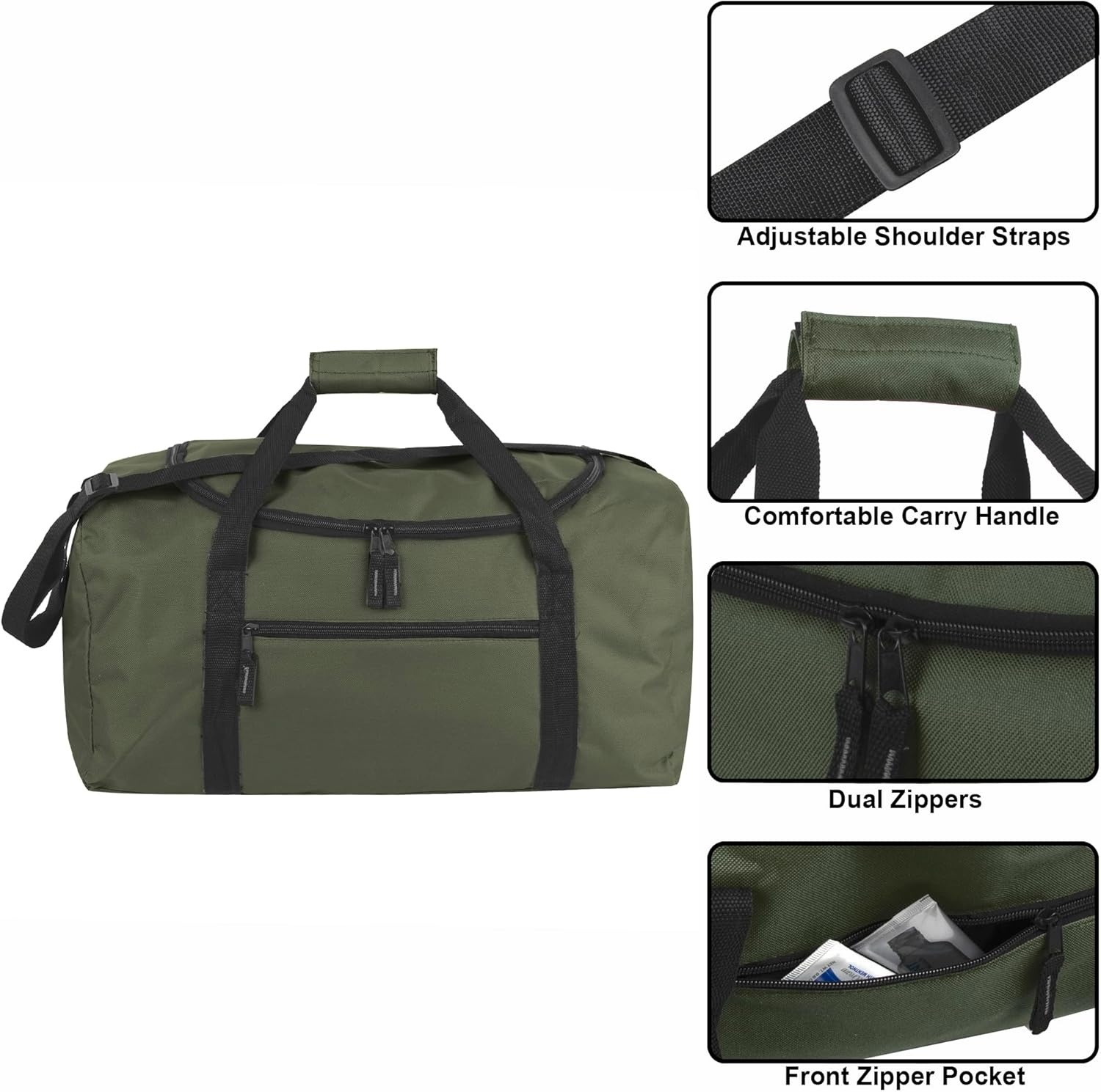(24 Pack) Bulk Duffle Bags Wholesale for Homeless Adult Men, Women, Travel, and Sports Teams (All Black Pack)(All Green Pack)