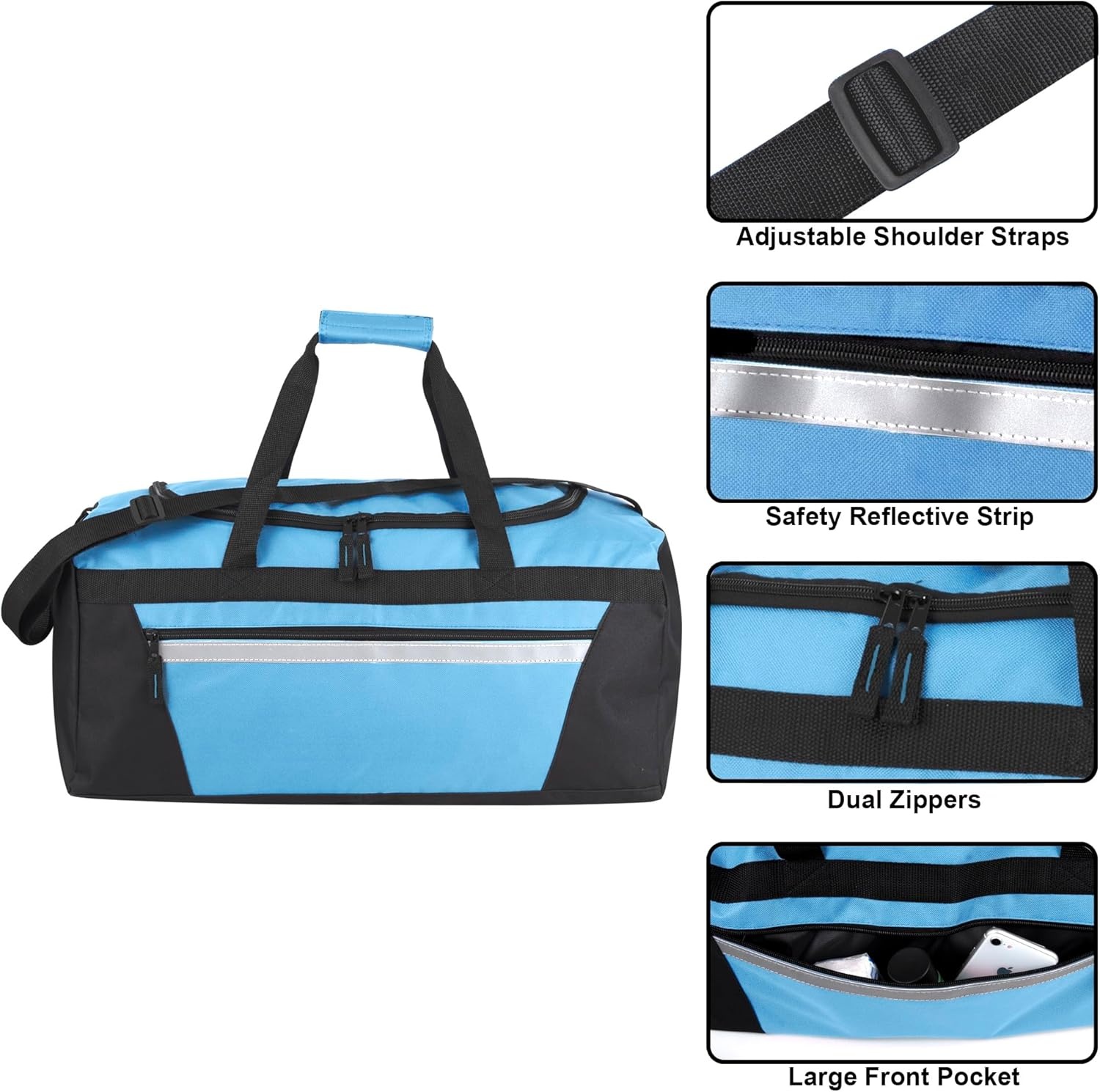 24 Pack Reflective Duffle Bags Bulk for Homeless Adults, Gym, Foster Kids Bulk Duffel Bags Wholesale (Black Pack)(Light Blue Pack)