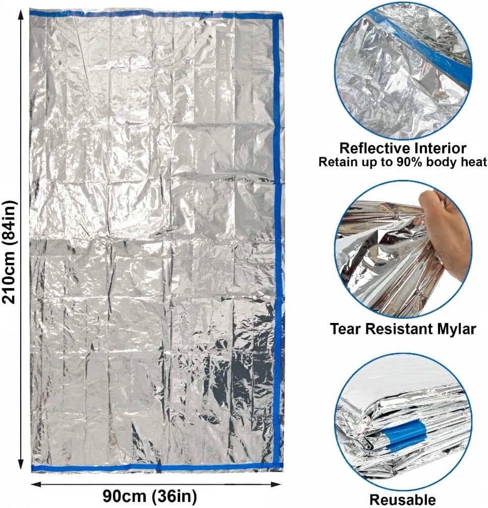 Mylar Emergency Thermal Blanket Sleeping Bag for Survival (2 Pack), Thick Reusable Mylar Space Blankets Bulk 84″L x 36″W Emergency Foil Blankets for Camping, Warmth, Runners, Spa, First Responders(2)