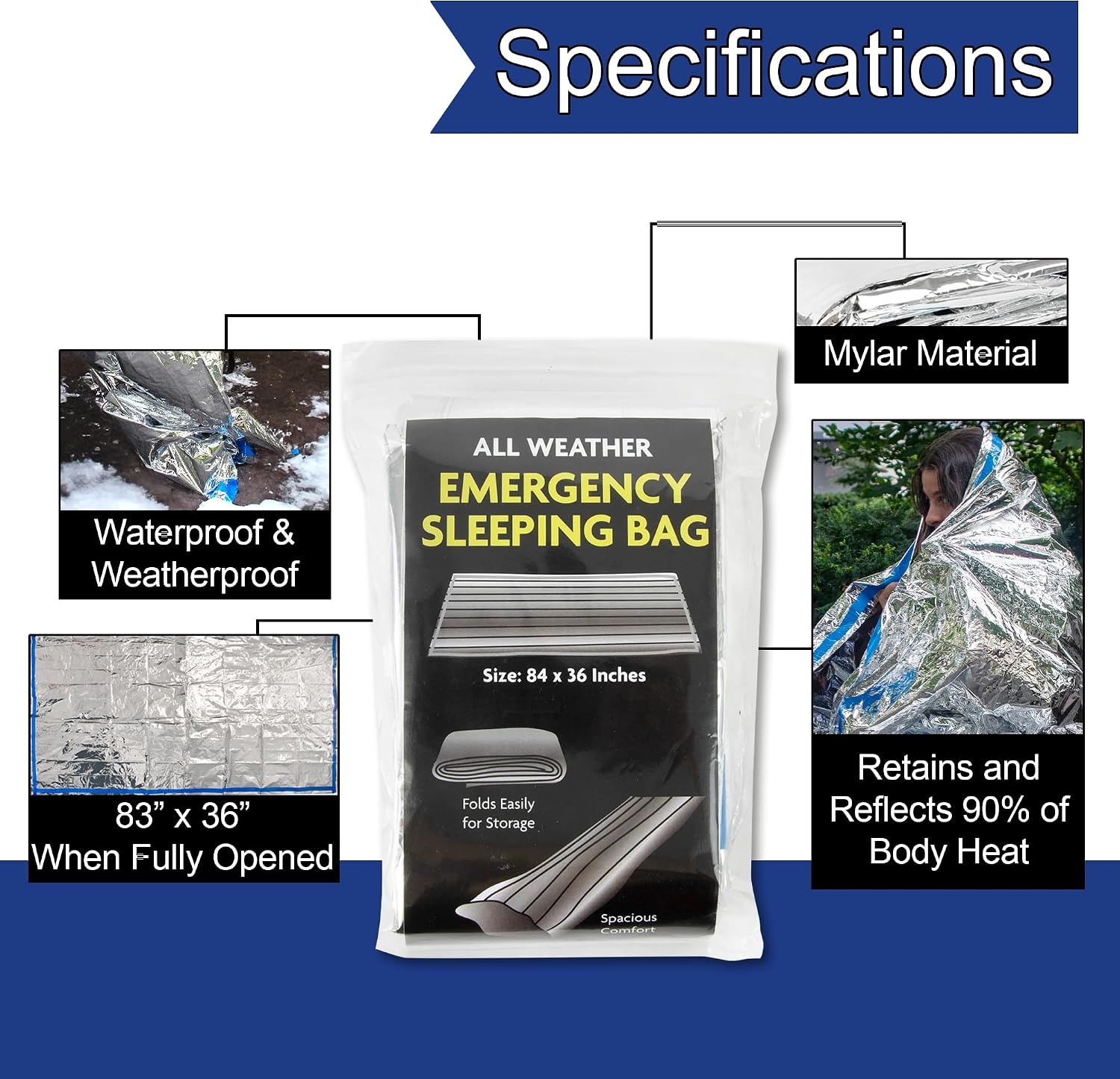 Mylar Emergency Thermal Blanket Sleeping Bag for Survival (2 Pack), Thick Reusable Mylar Space Blankets Bulk 84″L x 36″W Emergency Foil Blankets for Camping, Warmth, Runners, Spa, First Responders(2)