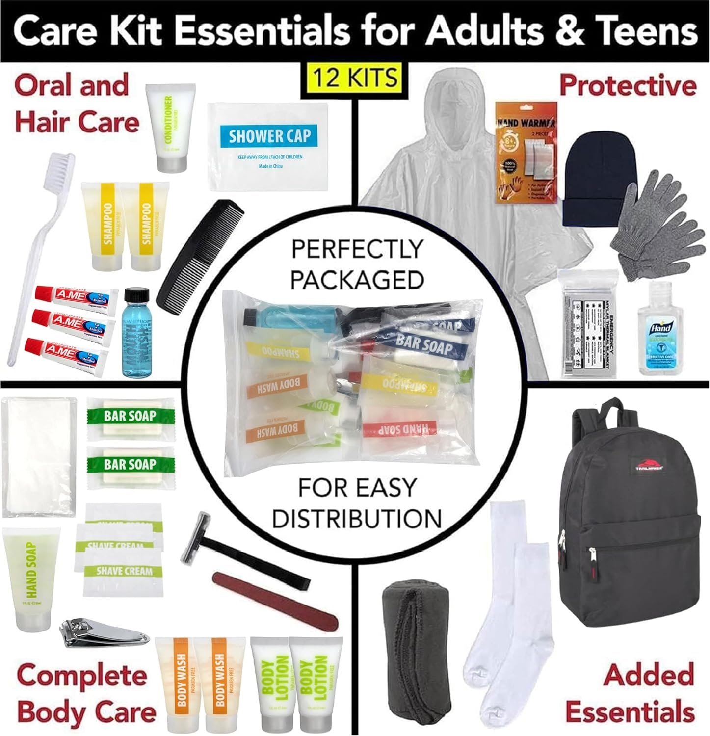 45 Piece Camping Backpack Outdoor Hygiene Kit Essentials, Individually Wrapped Personal Hygiene Kits for Homeless Men, Women (12 Kits of 45 Pieces)(12 Kits of 45 Pieces)
