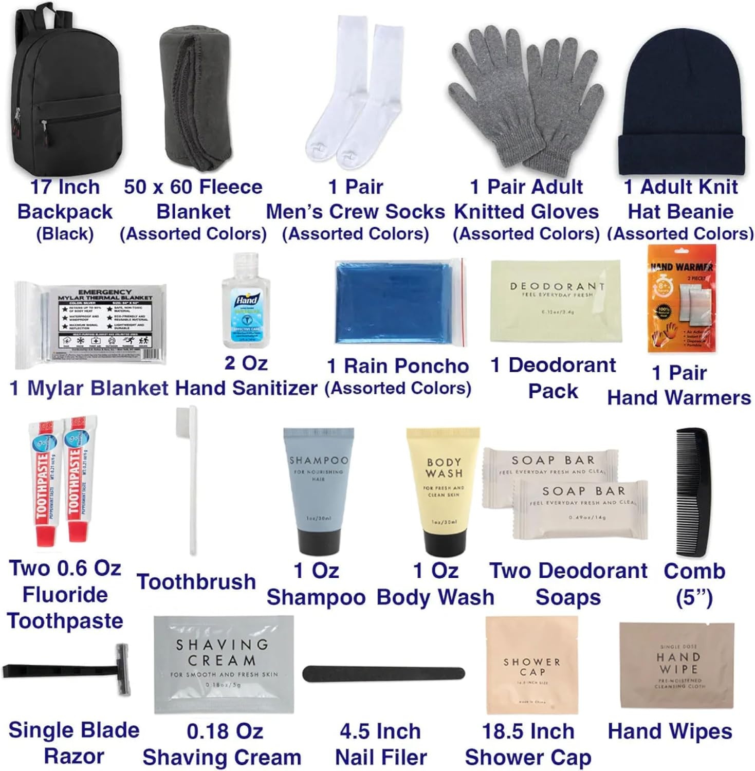 Individually Wrapped Personal Travel Hygiene Kits for Homeless, 24 Piece Set Backpack Camping Hygiene Kit Essentials