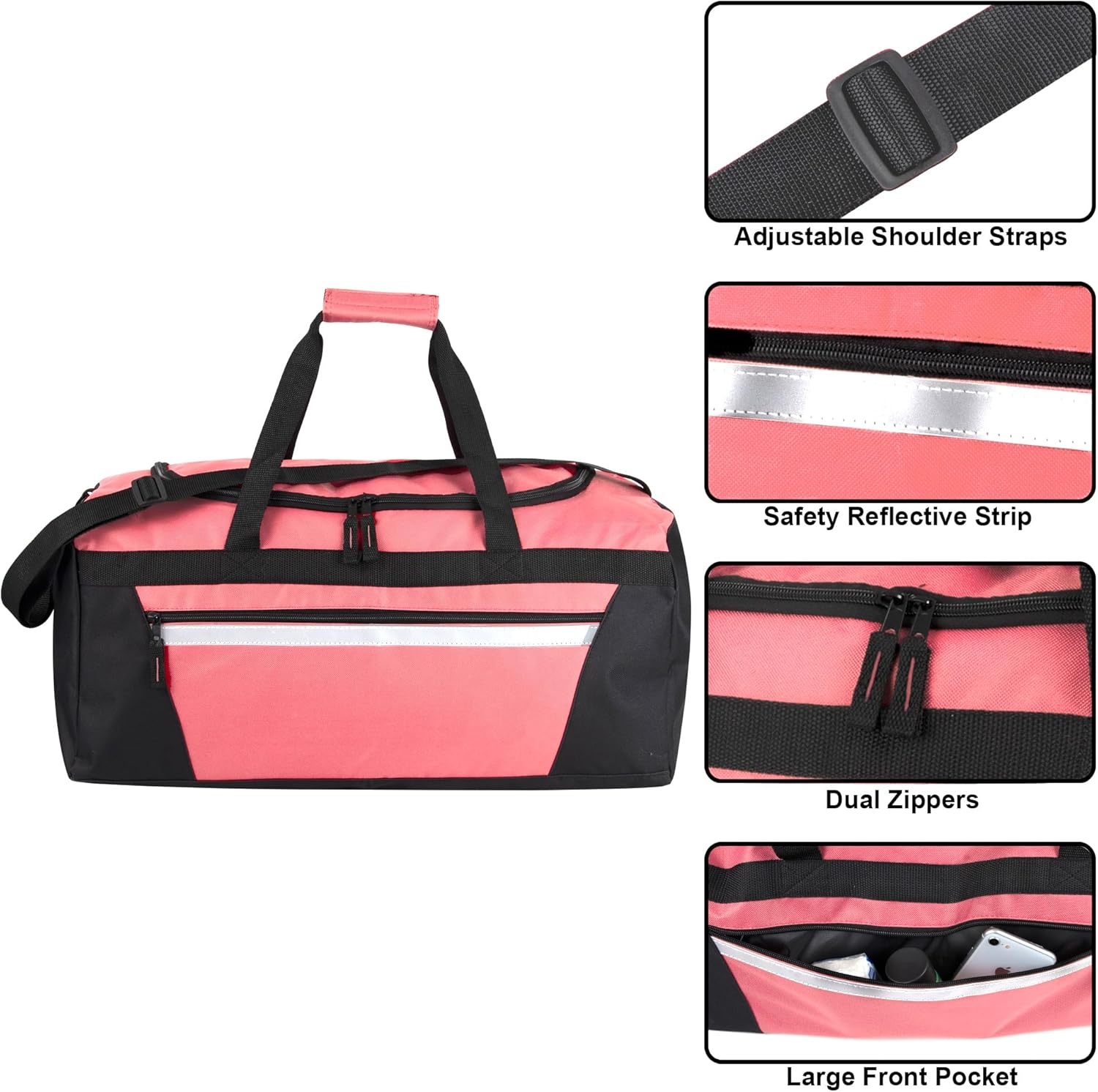 24 Pack Reflective Duffle Bags Bulk for Homeless Adults, Gym, Foster Kids Bulk Duffel Bags Wholesale (Black Pack)(Pink Pack)
