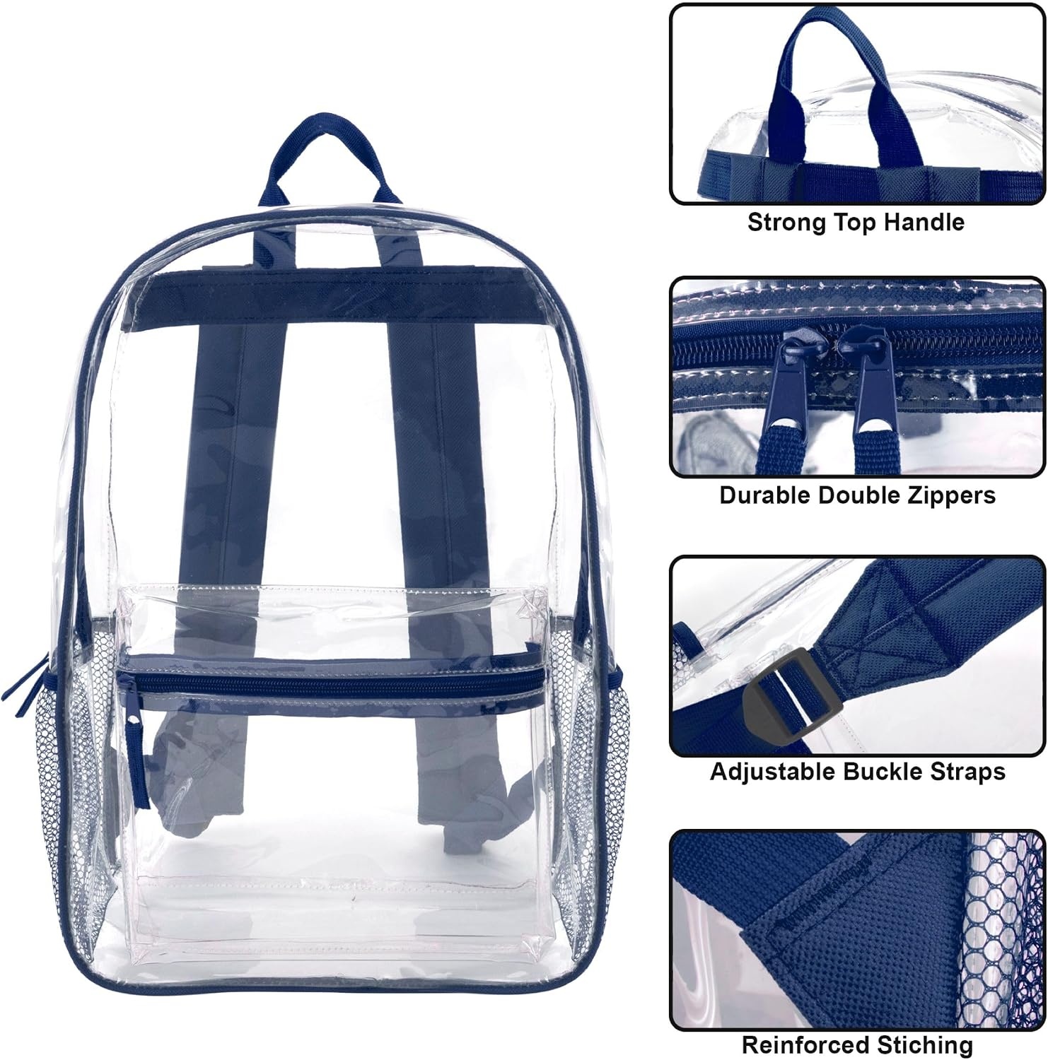Trail maker Clear Backpack Heavy Duty with Padded Straps, Side Pockets for Kids, Boys, Girls, School, Stadium Approved Events(Navy)